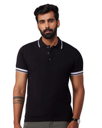 Signature Flat Knit Button Polo T-Shirt - Black