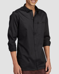black stretch satin zipper shirt