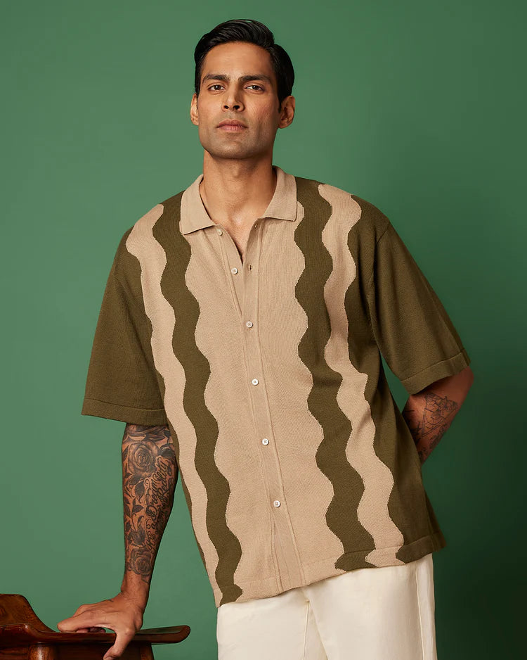 Olive Cotton Dobby Flat Knit Shirt