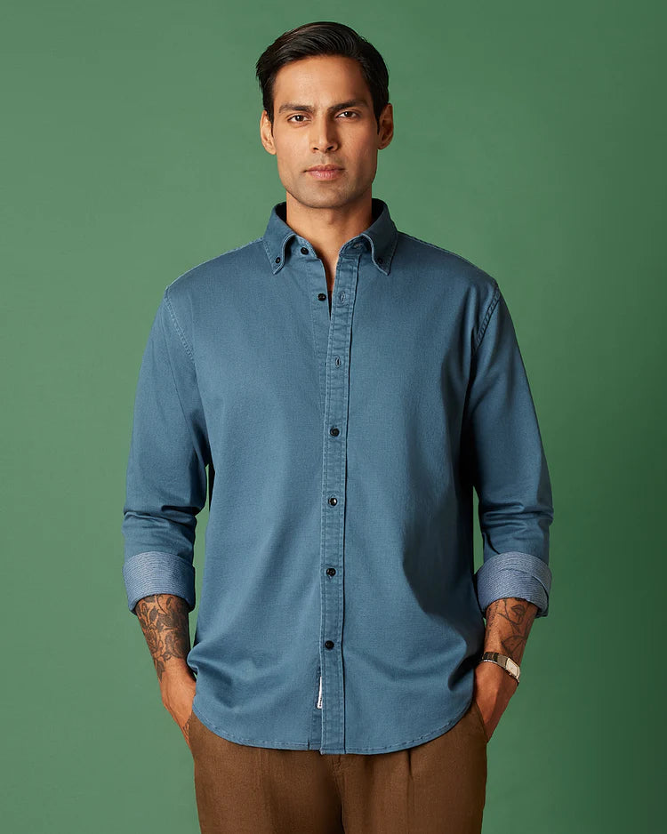 Teal Washed Dobby Denim Shirt