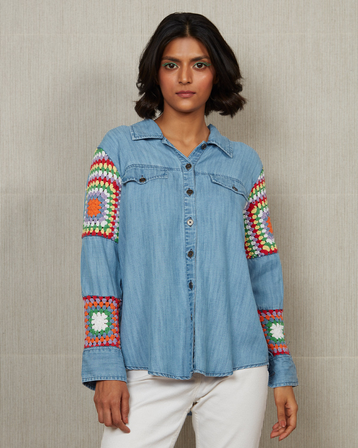 Pause Passionfruit Crochet Denim Shirt Blue
