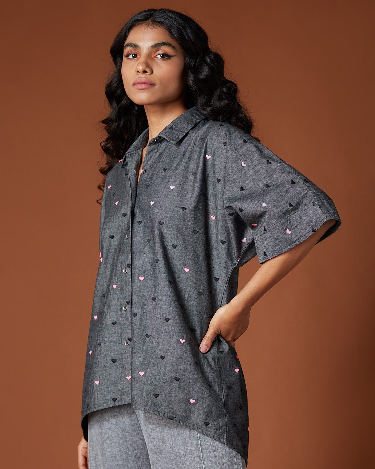 Pause Candy Hearts Denim Shirt Black