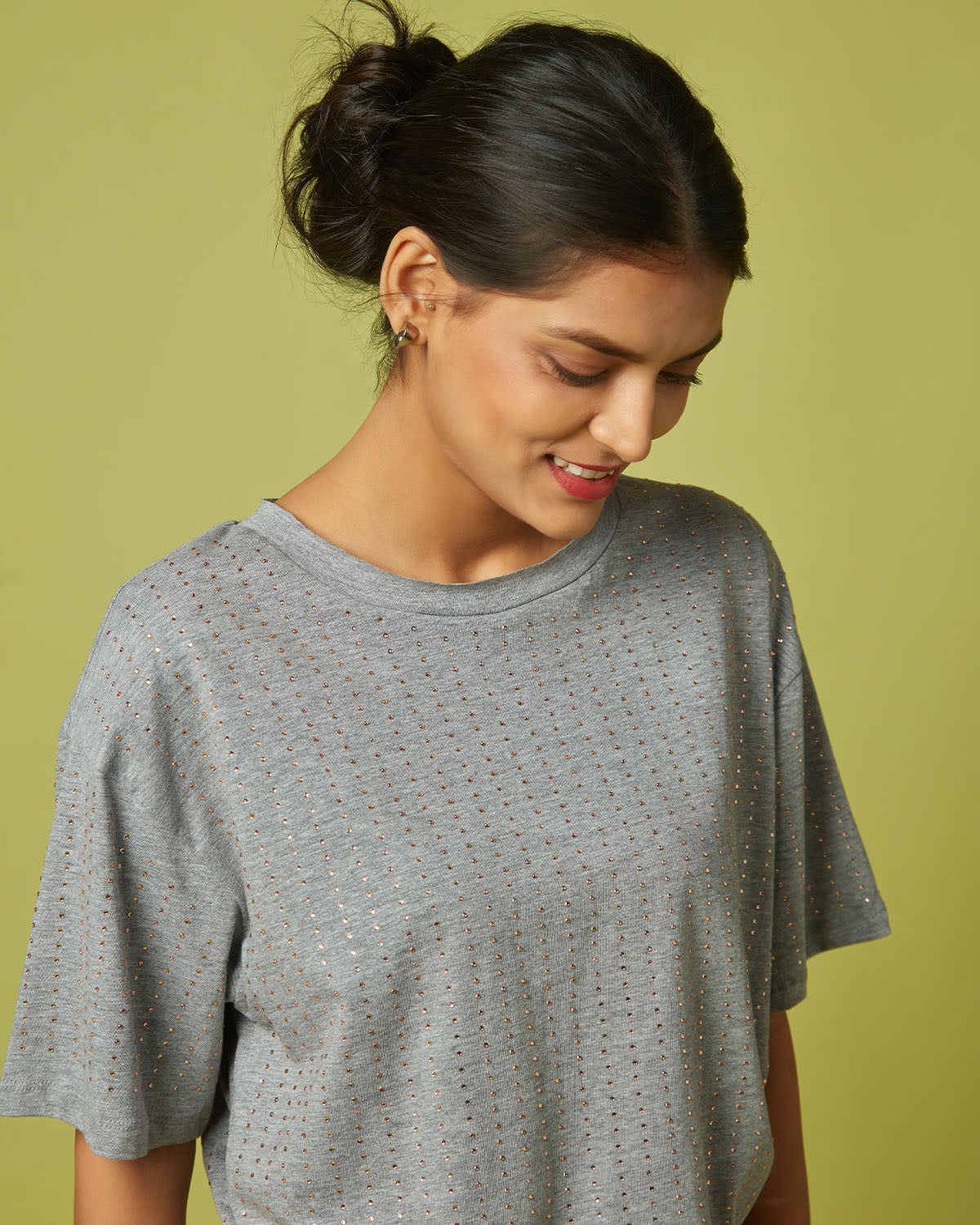 Pause Rose All Day Rhinestone T-Shirt Grey