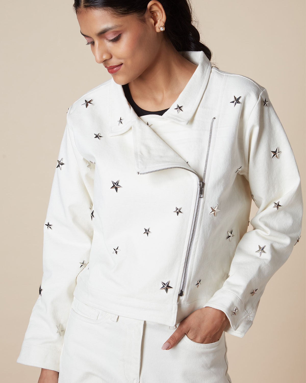 Pause Star Shine Denim Zipper Jacket White